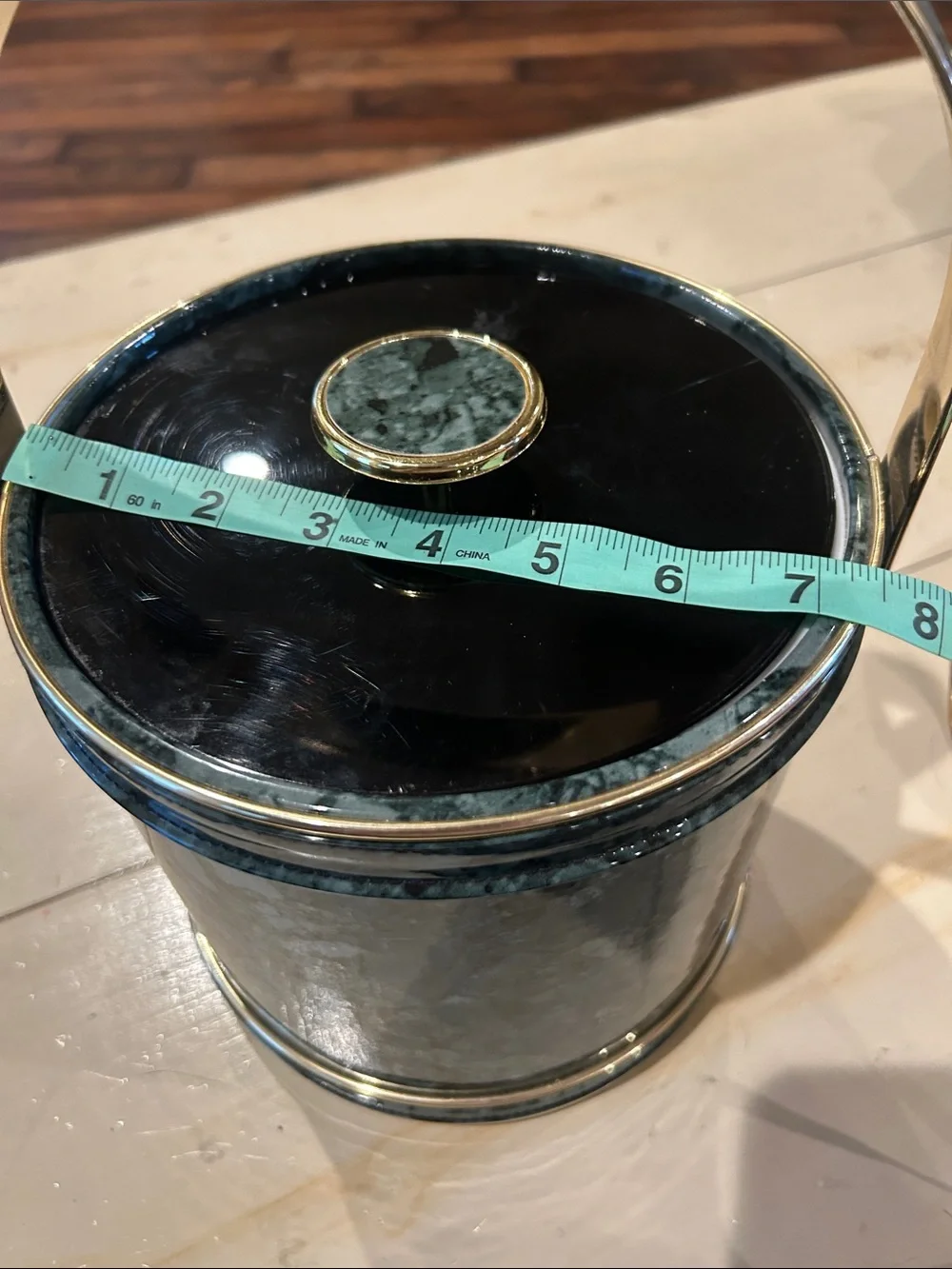 Vintage Faux Green Marble Ice Bucket with Gold Trim